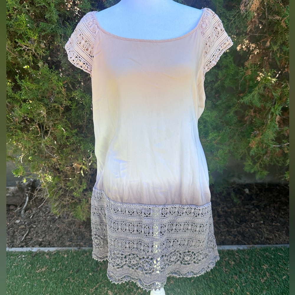 Women’s Mind Set by XCVI Beige Asymmetrical Scoop Neck Lace Trim Dress Size L - Picture 2 of 11
